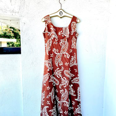 Vintage 60s Hawaiian Paisley Dress Brown Bow Empire Waist 1960s Hawaii Long Dress 