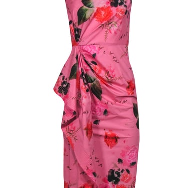 Prabal Gurung - Pink Floral Print Sleeveless Ruched Midi Dress w/ Flounce Sz 2