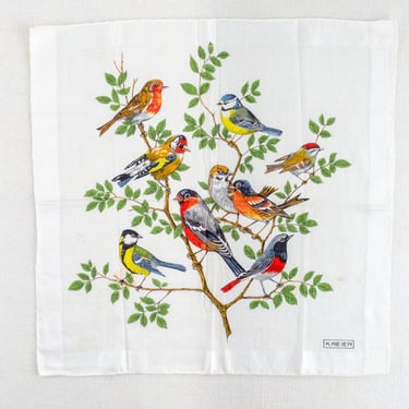 Vintage Kreier Handkerchief with Birds, Square Hand Rolled Hankie made in Switzerland 