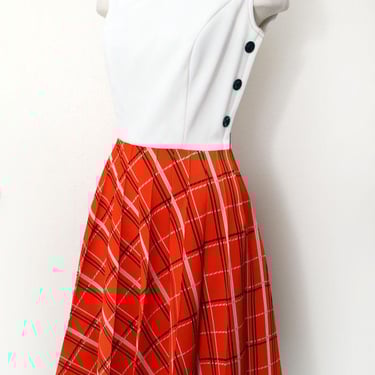 60's Nardis MOD Dress Orange & White Polyester Pleated Full skirt, Fit and Flare 1960's, 1970's Vintage Day Dress 