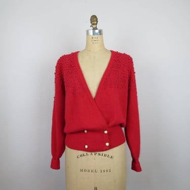 Vintage 1980s angora sweater, cardigan, beaded, red, dressy, puff shoulder 