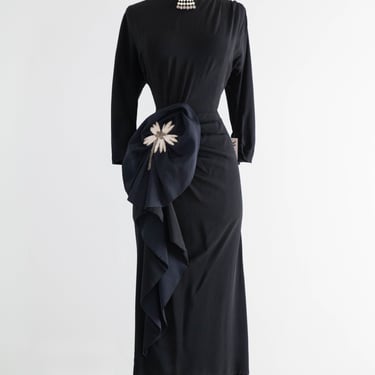 Sublime 1940's Femme Fatale Black Cocktail Dress With Dramatic Floral Flourish / Small