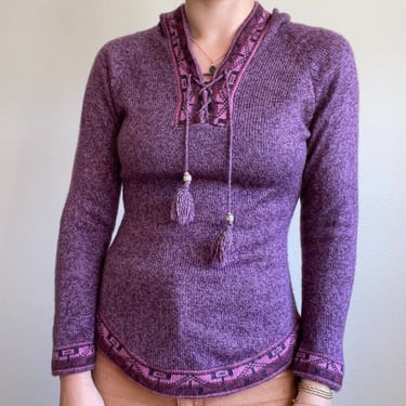 Vintage Womens Alpaca Purple Peruvian Hooded Lightweight Winter Sweater Sz S 