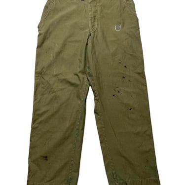 Vintage 1940s WWII M-1943 Cotton Field Trousers / Pants ~ 31 Waist ~ Military / Utility ~ Button Fly ~ Patched / Repaired / Paint Splatter 