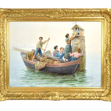 Antique Cleto Luzzi Italian Watercolor Painting Tending the Shrine Venetian Lagoon 