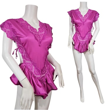 1980s Hot Pink One Piece Nylon Teddy I Sz Med I Sabrina-Mervyns I Lingerie 