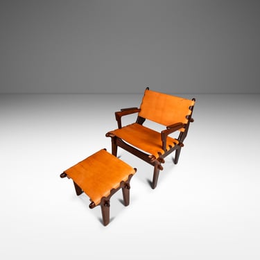 Mid-Century Modern Tooled Leather Sling / Safari Lounge Chair & Ottoman Set by Angel Pazmino, Ecuador, c. 1960s 