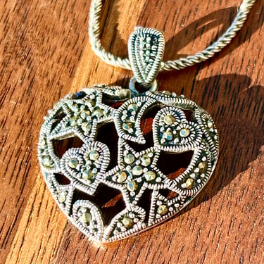 Sterling Silver Heart Pendant Necklace Marcasite 925 Twisted Chain Vintage Gift Retro Jewelry 