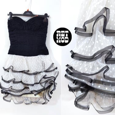 Fantastic Vintage 80s 90s Black White Polka Dot Ruffle Strapless Party Dress 