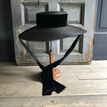 Antique French Black Straw Hat, Edwardian, Panama Straw Bonnet, Wide Brim, Black Velvet Ties, Period Clothing 