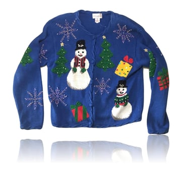 Vintage Christmas Sweater Snowman Christmas Holly Sweater // Vintage Ugly Christmas Sweater Party Holiday Sweater // Size Medium 