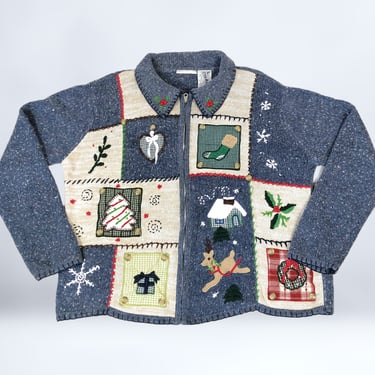 VINTAGE 90s Holiday Christmas in July Applique Zip Front Cardigan Sweater | 1990s Ugly Xmas Party Sweater Heather Blue | VFG 