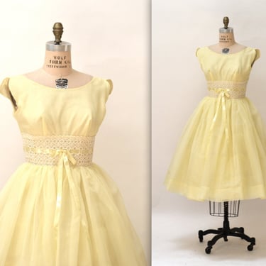 1950s Vintage Prom Dress// Crinoline 50s Party Dress in Yellow, Size Small// 50s Vintage Bridesmaid Dress in Yellow 