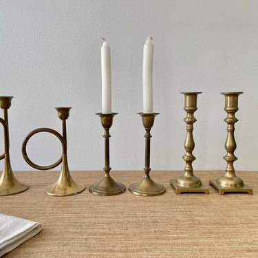 Vintage Brass Candle Holders - Set of 6 (3 Matching Pairs) - Silvestri Horn Candle Holders 