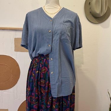 Silk Exchange Blue Vintage 90s Silk Button Front Short Sleeve Blouse Large 