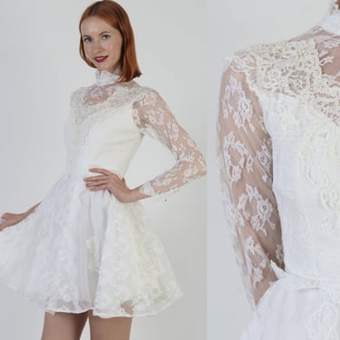 60s Off White Chiffon Bridal Gown Wedding Party Sheer Lace Sleeves Vintage Solid Color Victorian Mini Dress 