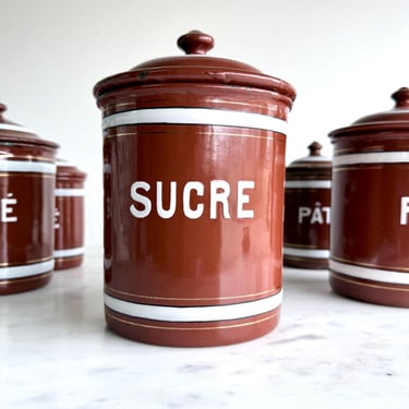 Set of 5 Antique Enamel Canisters Brown and White French Enamel Kitchen Storage Cafe Tea Farine Pates Sucre Spice Pots Farmhouse Vintage 