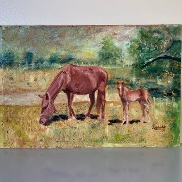 F. Burtodo Mixed Media Mare & Foal Horses in Landscape Painting 