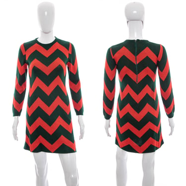 1960's Silverworm Red and Green Chevron Dress Size S