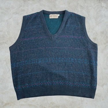 Vintage Unisex 80s Bemidji Woolen Mills Sweater Vest V Neck Blue Striped USA Pullover XL 