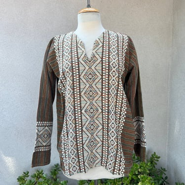 Vintage boho unisex Guatemalan Mexican folk art tunic top cotton earth tones embroidered Medium Large 