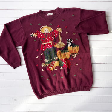 cute cottagecore sweater | 80s 90s vintage Susan Bristol scarecrow pumpkin cat country farm burgundy embroidered sweater 