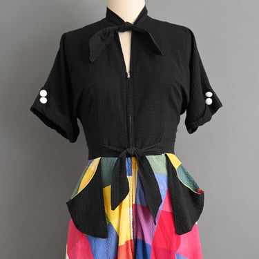 Vintage 1940s Dress | Seersucker Cotton Rainbow Plaid Print House Dress | Medium Large 