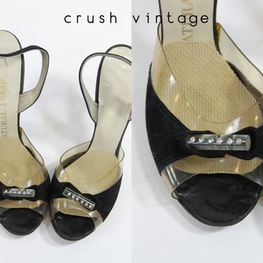 50s Shoes Rhinestone Lucite Size 5 / 1950s Black Velvet Slingbacks / Cocktail Party Peep Toes 