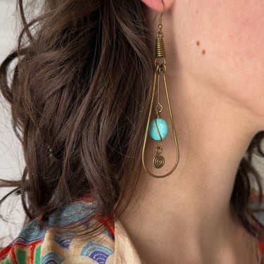 90s Brass Turquoise Drop Earrings