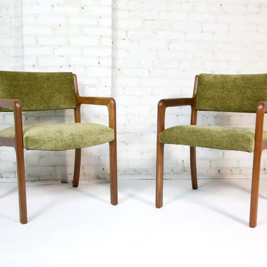 Vintage MCM pair of black walnut and green upholstery armchairs by Patrician Furniture | Free delivery in NYC and Hudson Valley areas 