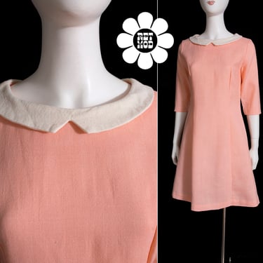 Sweet Vintage 60s 70s Peachy Pink Linen-Style Mod Dress with White Collar 