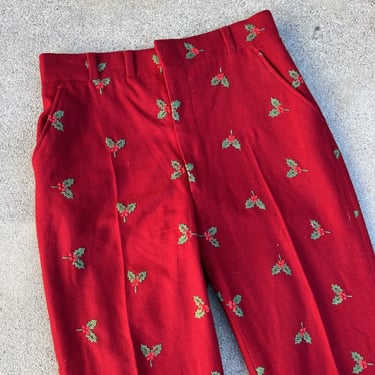 Vintage 1960s Red Wool Embroidered Mistle Toe Pants Trousers Christmas Suit