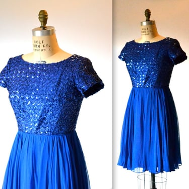 50s 60s Vintage Blue Sequin Dress Size Small Medium Cobalt blue By Carol Brent 50s 60s// 1950s Party Prom Dress in Bright Blue 