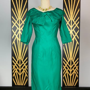 1950s wiggle dress, emerald green taffeta, Suzy Perette, vintage 50s dress, mrs amisel style, 26 waist, hourglass fit, bow neck, designer 