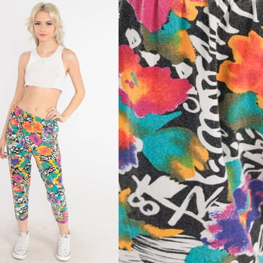 90s Leggings Tropical Floral Cropped Pants High Waisted Retro Loud Abstract Print Slim Skinny Tapered Stretchy 1990s Vintage Small Medium 
