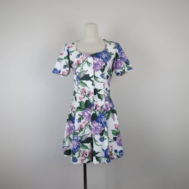 Vintage 1980s floral romper, 100% cotton knit, flutter shorts, mini, jumper, jumpsuit 