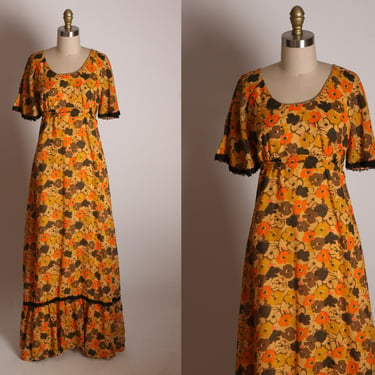 1960s Orange and Brown Floral Flower Power Full Length Ruffle Hem Flutter Short Sleeve Cottagecore Prairie Dress -M 