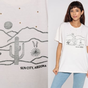 Arizona Shirt 90s Sun City Tshirt Beaded Cactus Shirt Graphic Tee 80s Retro T Shirt White Desert Vintage Tee AZ 1990s Cotton Medium 