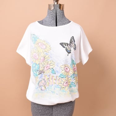 White Cottagecore 90s Butterflies Tee Shirt By Land N Sea, XL