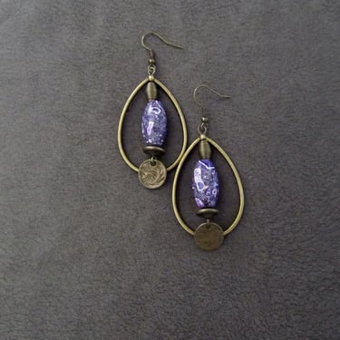 Hoop earrings, antique bronze abstract earrings, purple earrings, bold statement earrings, artisan unique modern, imperial jasper earrings 