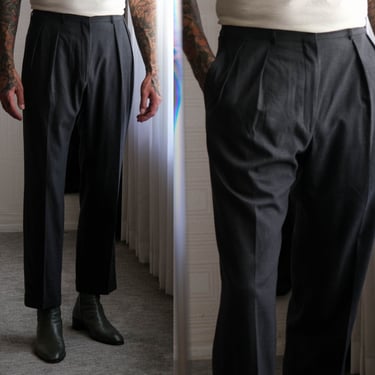 Vintage 80s POLO Ralph Lauren Charcoal Gabardine Pleated Cuffed Slacks | Made in Italy | 100% Wool | 1980s 1990s POLO RL Designer Mens Pants 