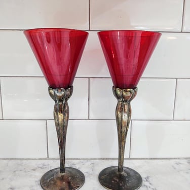 Vintage International Sterling Company Red Glass Goblets Wine Glasses with Varnished Silver Base 