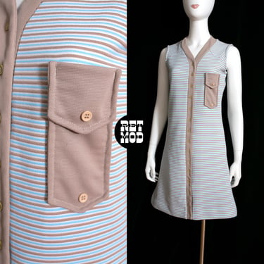 Cute Vintage 60s 70s Pastel Blue & Beige Stripe Sleeveless Mod Dress with Pocket 