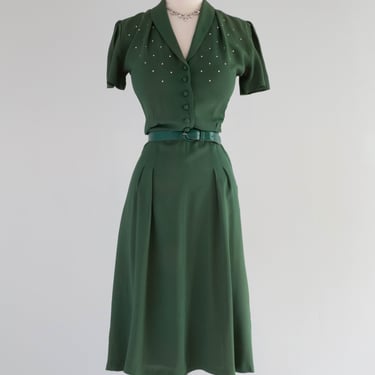 Darling 1940's Emerald Rayon Swing Dress With Rhinestones / XS