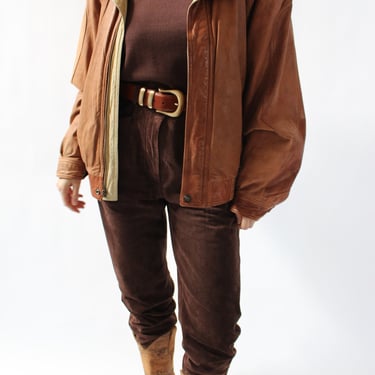 Vintage Cognac Leather Bomber Jacket