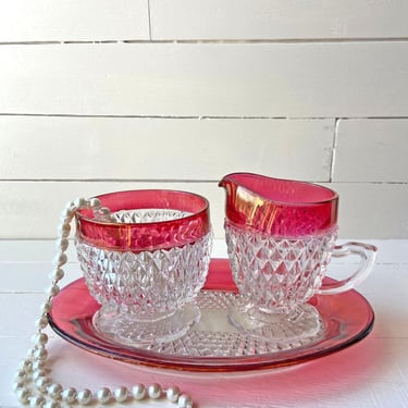 Vintage Kings Crown Ruby Flushed Diamond Point Cut Tray With Sugar And Creamer Set // Vintage Indiana Glass // Perfect Gift 