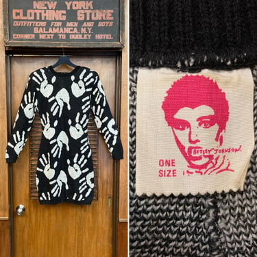 Vintage 1980s Punk Label Betsey Johnson Hand Print New Wave Scoop Back Sweater Knit Dress, Vintage Sweater Dress, Knit Dress, Betsey Johnson 