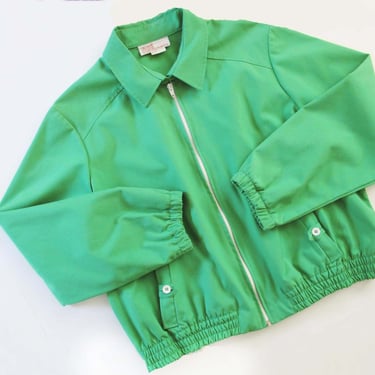 Vintage 80s Green Cafe Golf Jacket S M  - 1980s Solid Color Zip Up Casual Preppy Jacket 