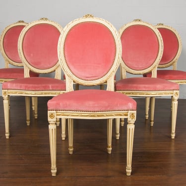 Antique French Louis XVI Style Provincial Painted Dining Chairs W/ Pink Velvet - Set of 6 