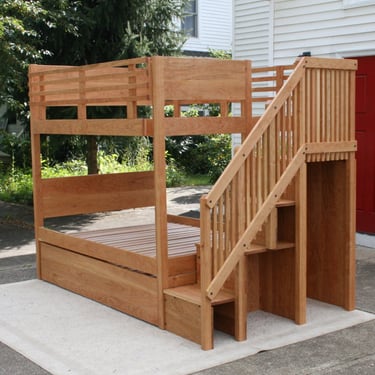 BbSnV02 +Solid Hardwood Bunk Bed with Stairs and options for mattress sizes and wood species - no trundle included 